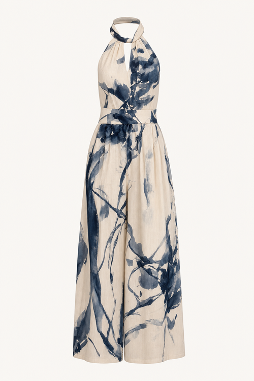 Blue wide-leg halter jumpsuit