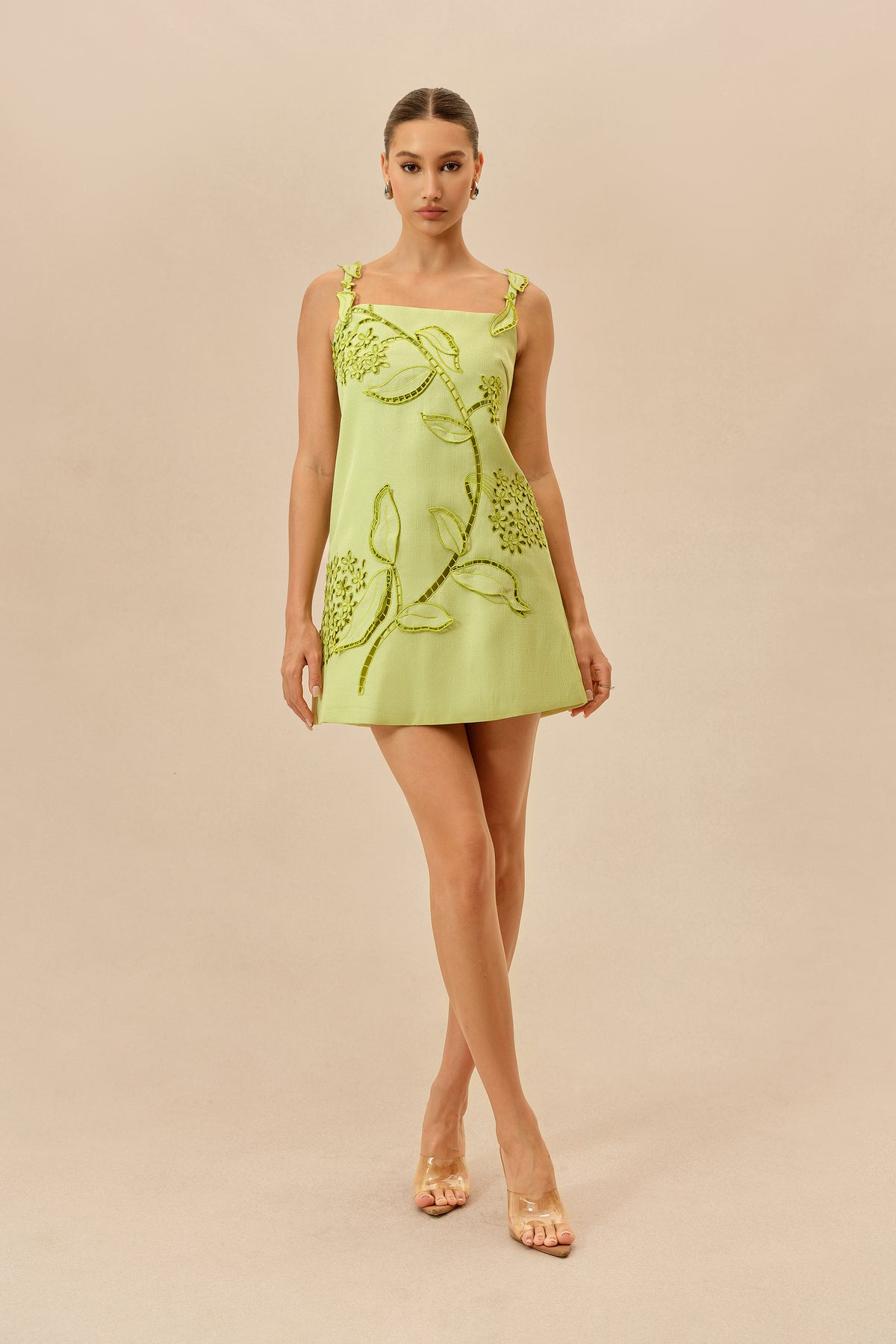 Green Floral Applique A-Line Mini Dress - view 2