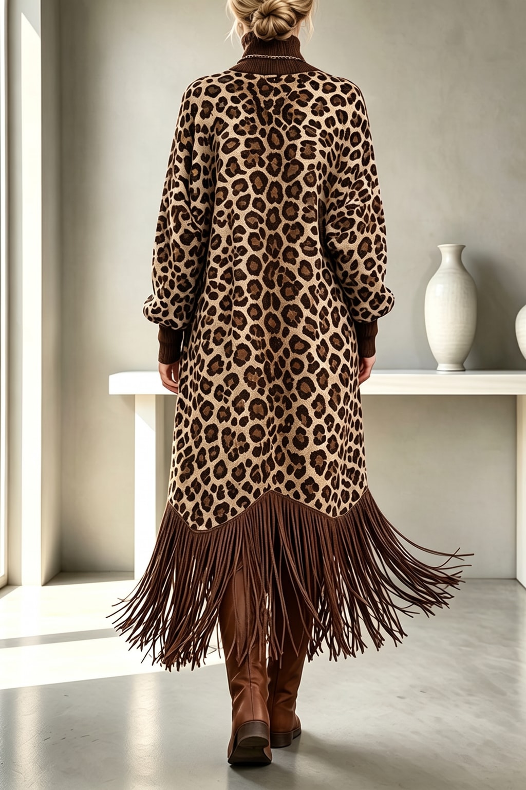 Polyester Midi Dress With Leopard Print Detail - 5