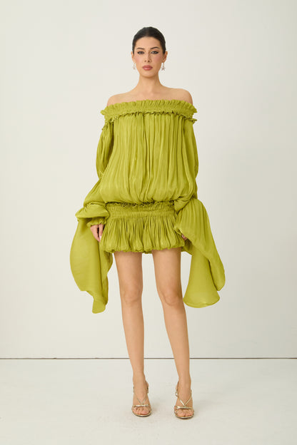 Green Off-Shoulder Ruffle Mini Dress, Pleated - view 2