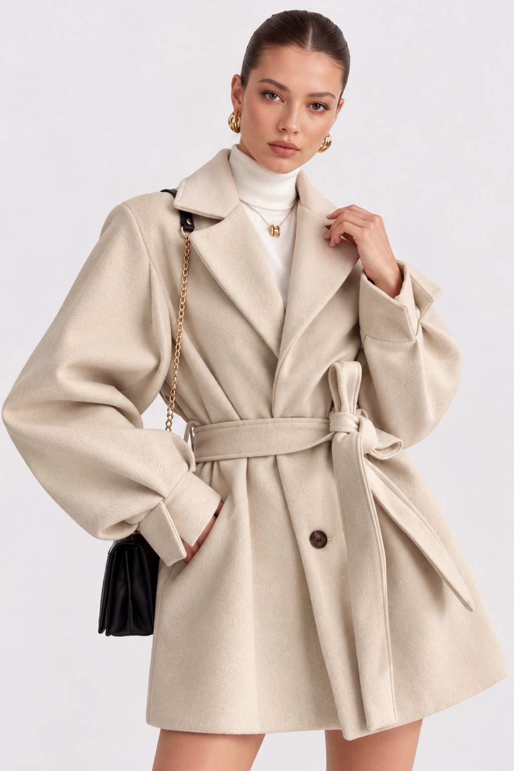 Wool-Look Coat Belted A-Line Tailored Outerwear - 2