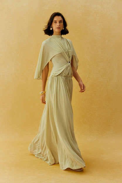 Green Cape Sleeve Knit Maxi Dress, Buckle Waist - view 5