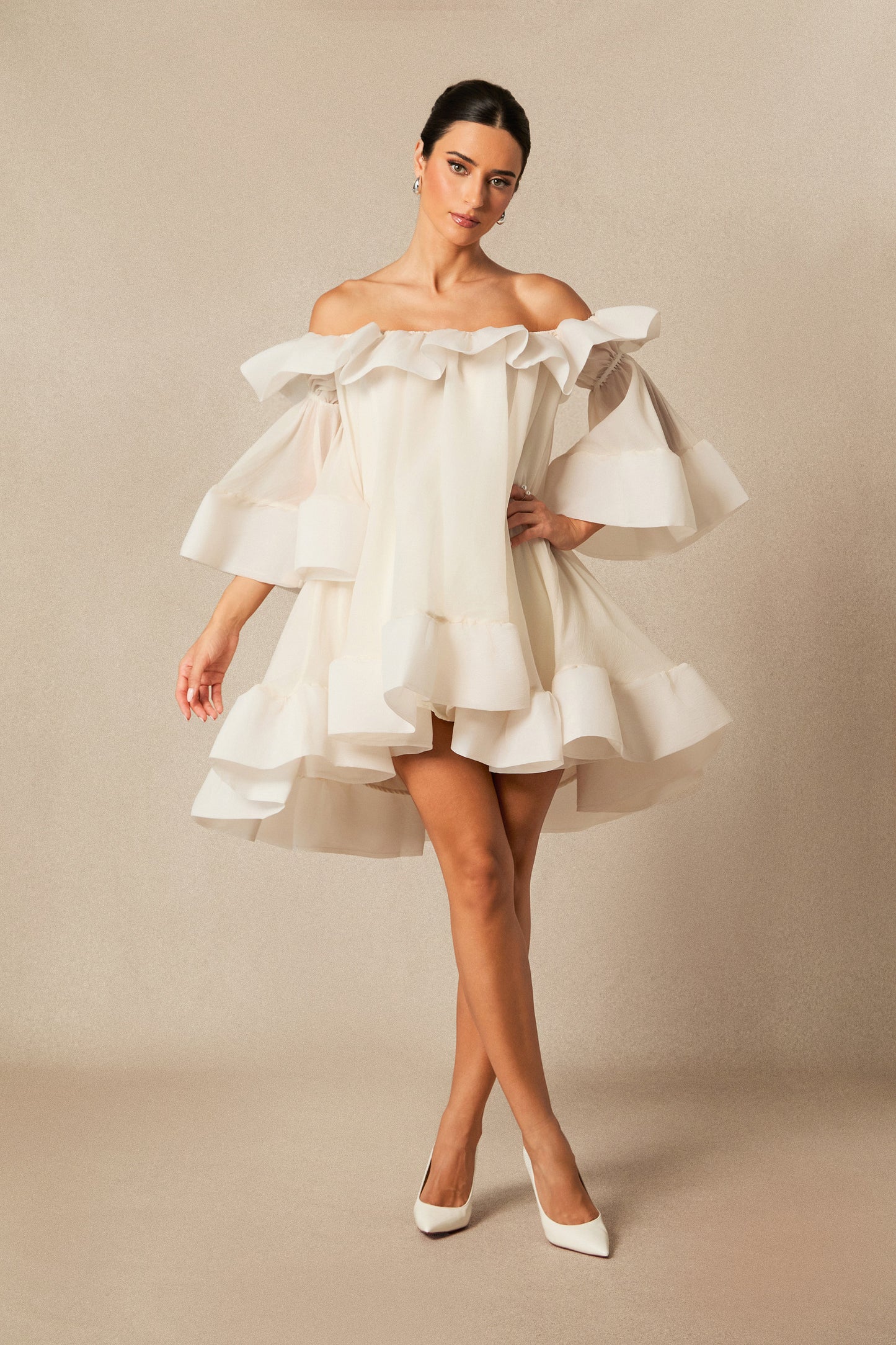 Off-Shoulder Ruffle Mini Dress With Puff Sleeves - view 2