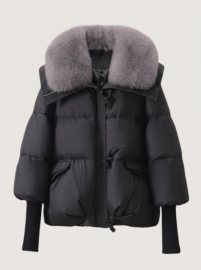 Faux fur collar quilted puffer jacket with hood