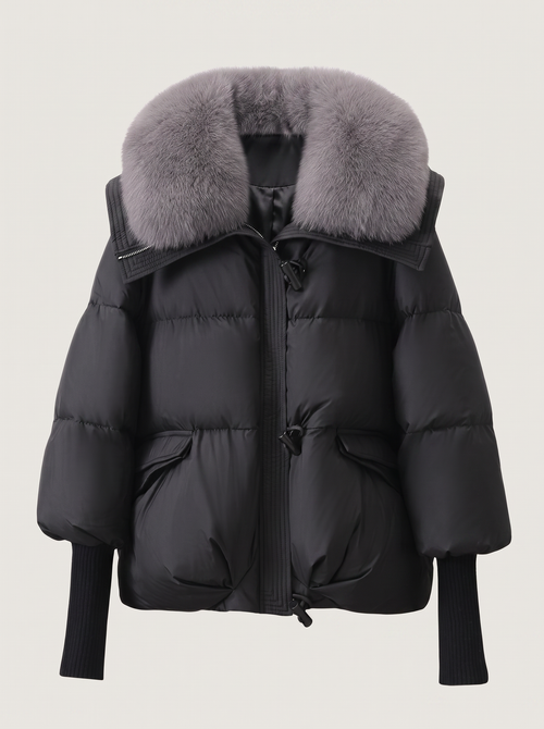 Faux fur collar quilted puffer jacket with hood