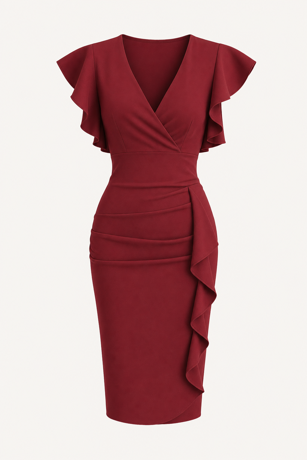 V-Neck Ruffle Sleeve Knee-Length Dress