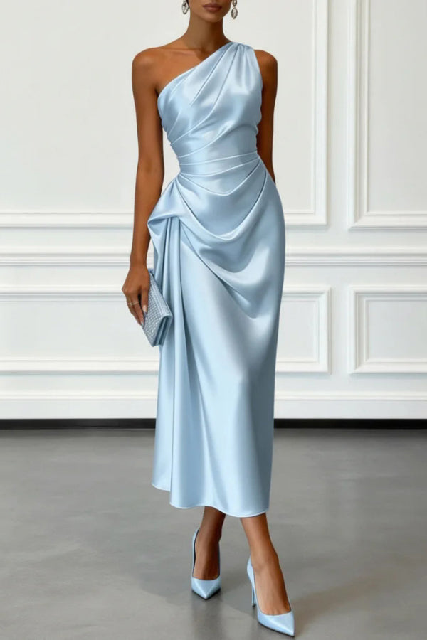 Satin one-shoulder midi dress with pleated waist - view 2