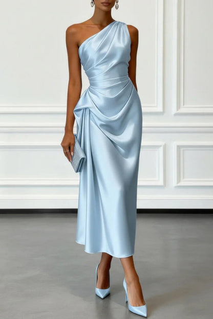 Satin one-shoulder midi dress with pleated waist - view 2