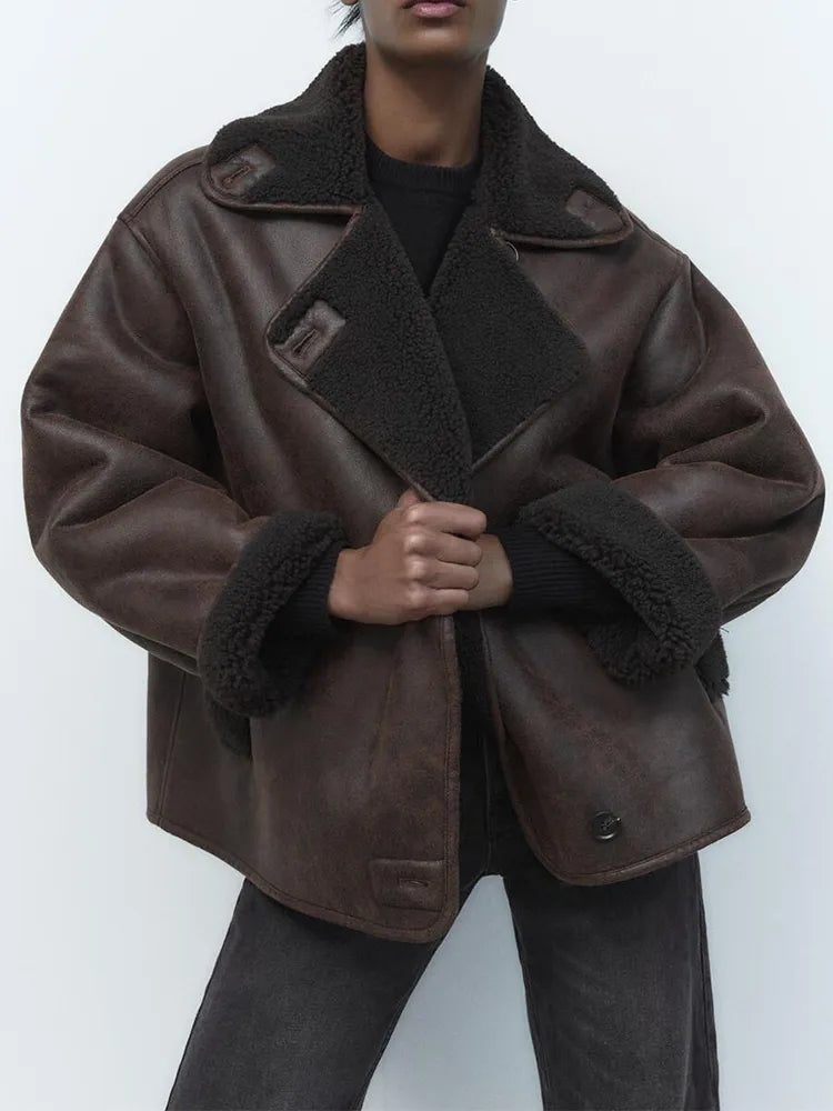 Brown Oversized Collarless Leather Jacket - view 3