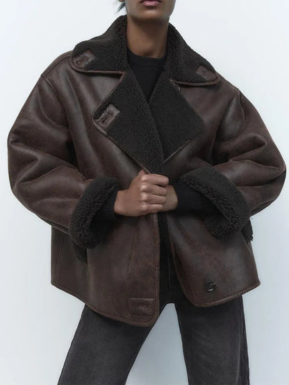 Brown Oversized Collarless Leather Jacket - view 3