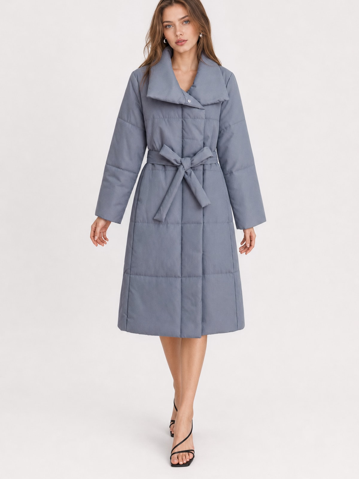 Warm Quilted Cotton Blend Long Coat With Belted Collar - 5