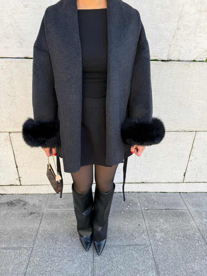 Faux Fur Collar Jacket with Cinched Waist - view 11