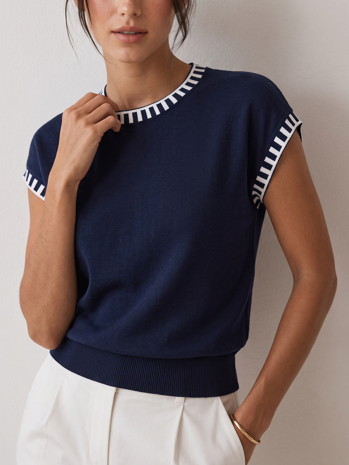 Knit Cap Sleeve Top With Contrast Trim - 5