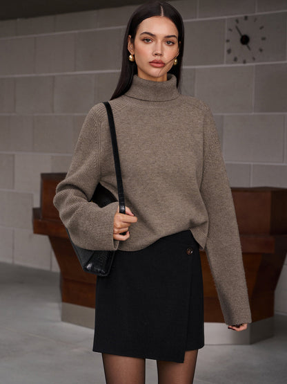 Brown Ribbed Turtleneck Sweater, Cropped - view 3