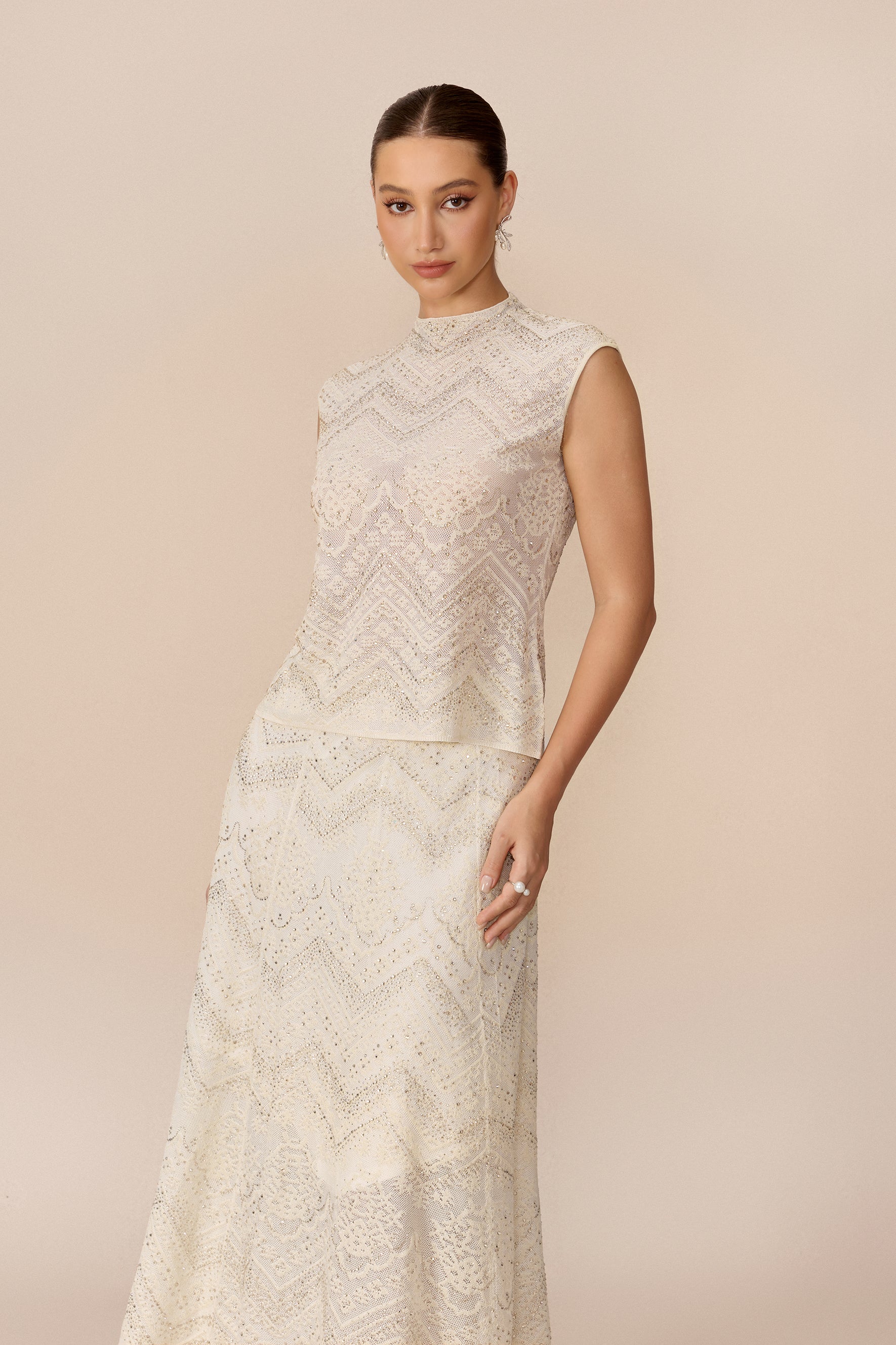 Lace Cropped Top and Flared Midi Skirt Set - view 3