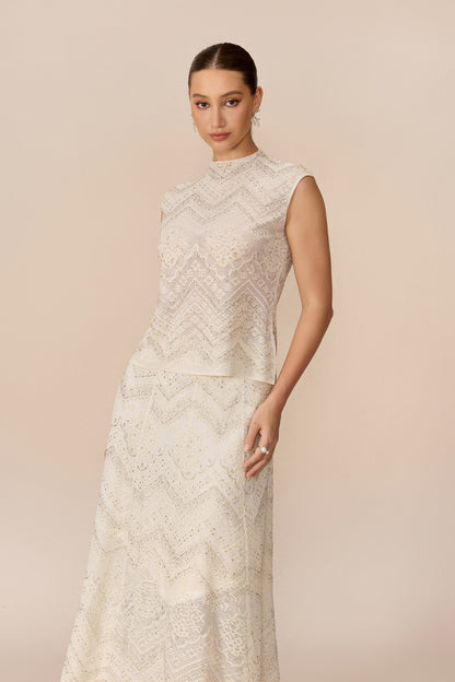 Lace Cropped Top and Flared Midi Skirt Set - view 3