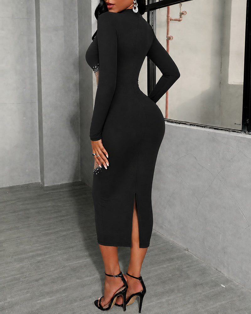 Black sheer mesh midi dress with rhinestone mock neck - view 3