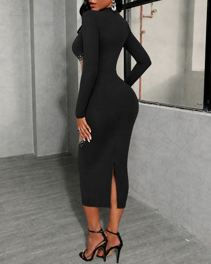 Black sheer mesh midi dress with rhinestone mock neck - view 3