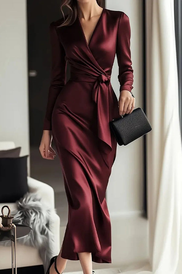 Satin V-neck tie-waist midi dress - view 5