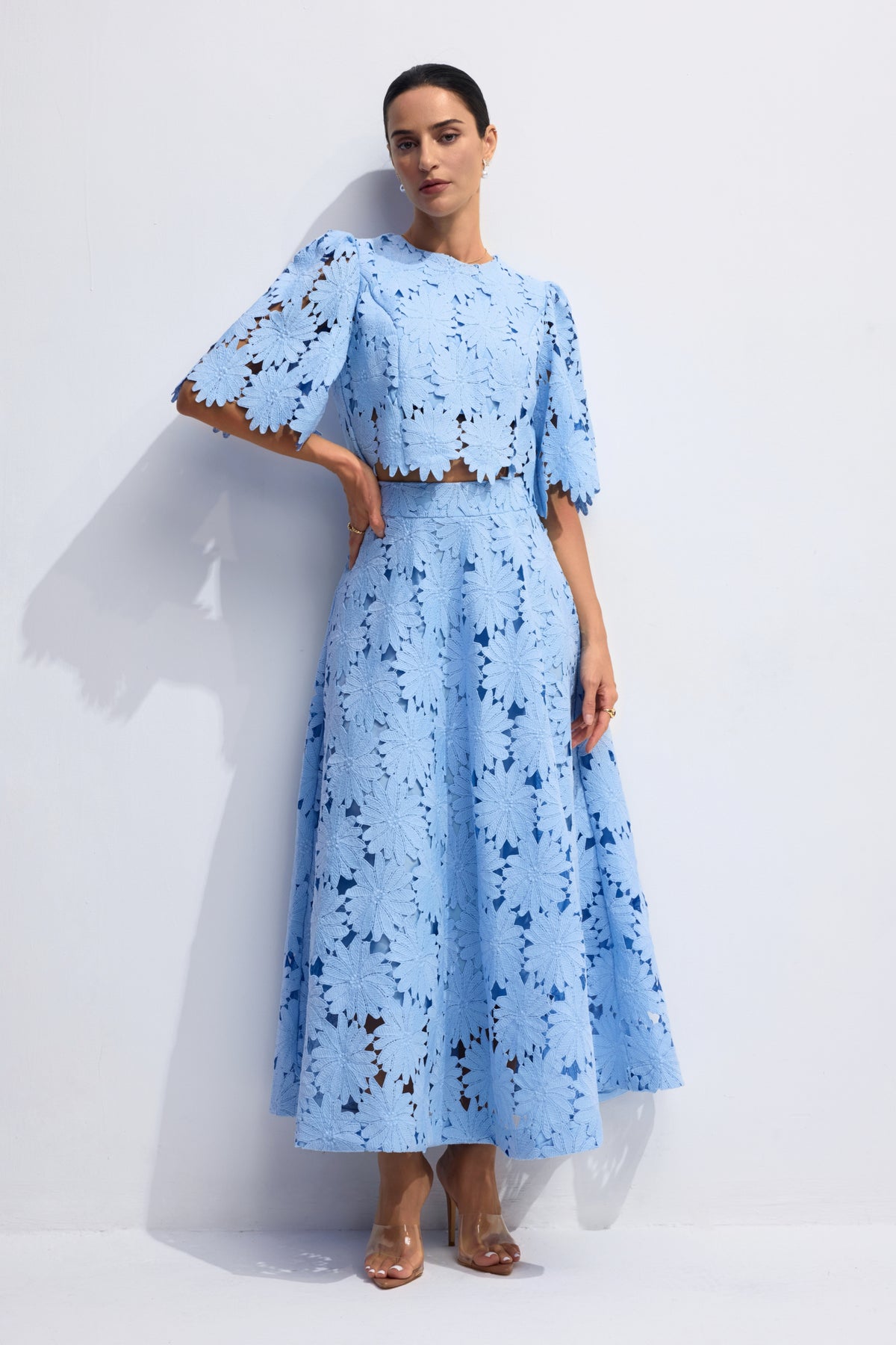 Blue Floral Lace Crop Top and Maxi Skirt Set - view 2