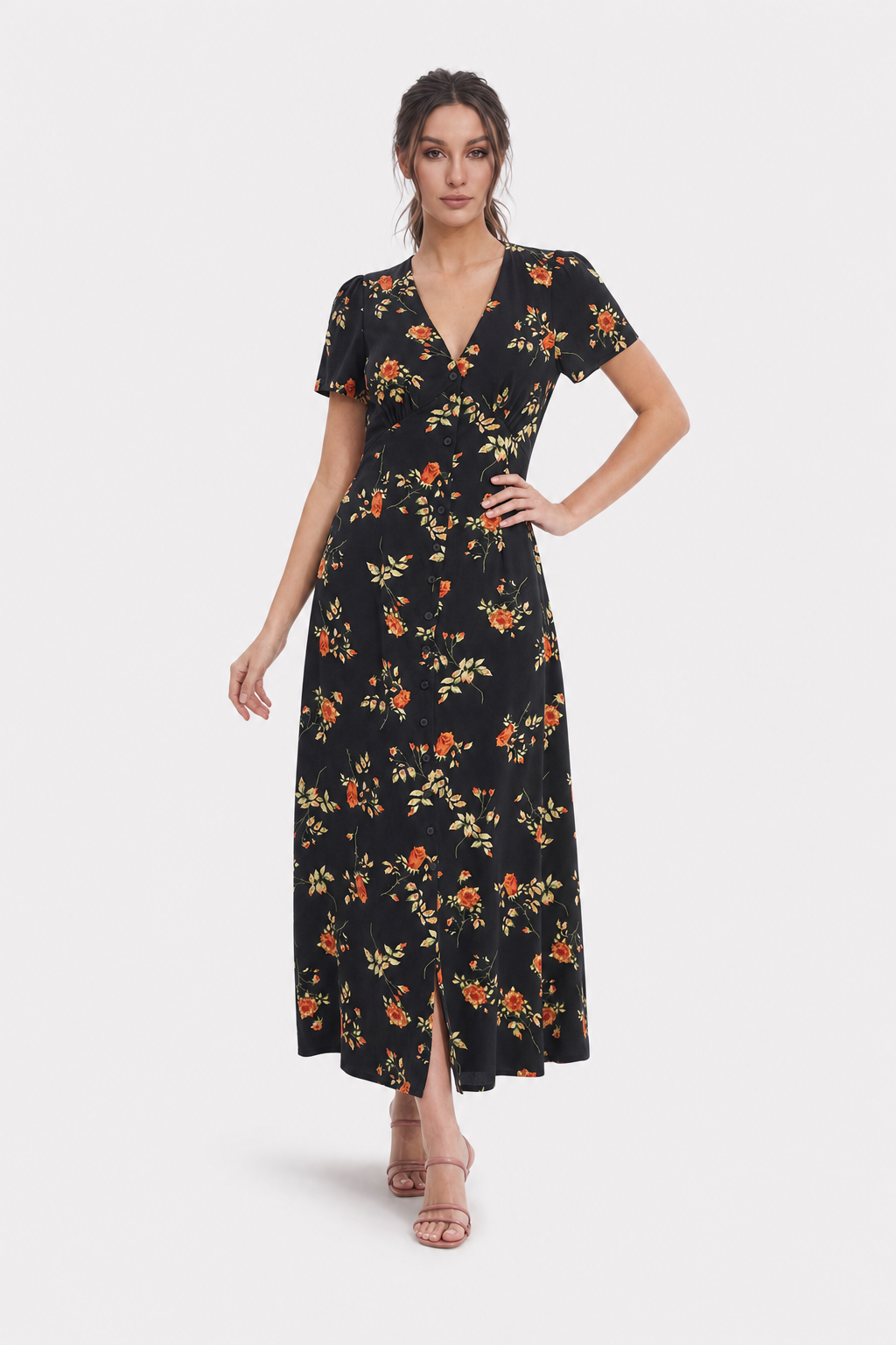 Black Retro Floral V-Neck Maxi Dress - view 2
