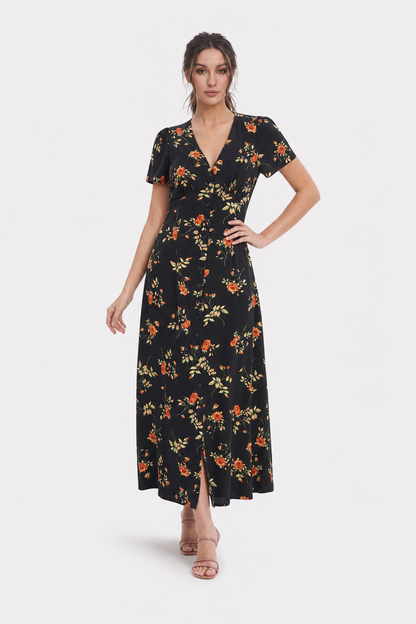 Black Retro Floral V-Neck Maxi Dress - view 2