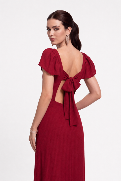 Red sweetheart neck jacquard maxi dress with side slit - view 4