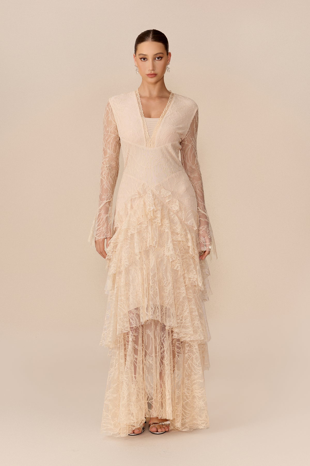 Beige sheer lace tiered ruffle maxi dress - view 2