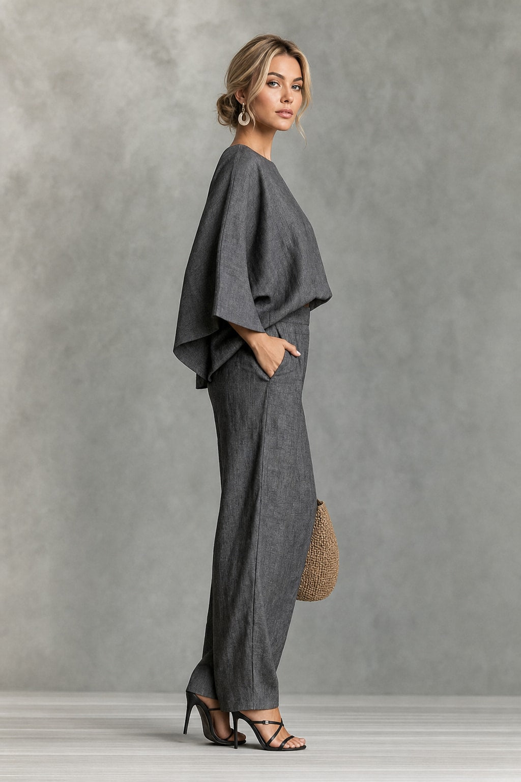 Linen-Blend Batwing Sleeve Top and Maxi Skirt Set - 4