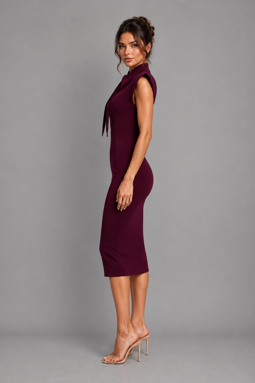 Lightweight Bow Tie Midi Dress With Stand Collar - 3