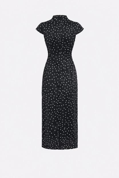 Black Polka Dot Mandarin Collar Midi Dress - view 5