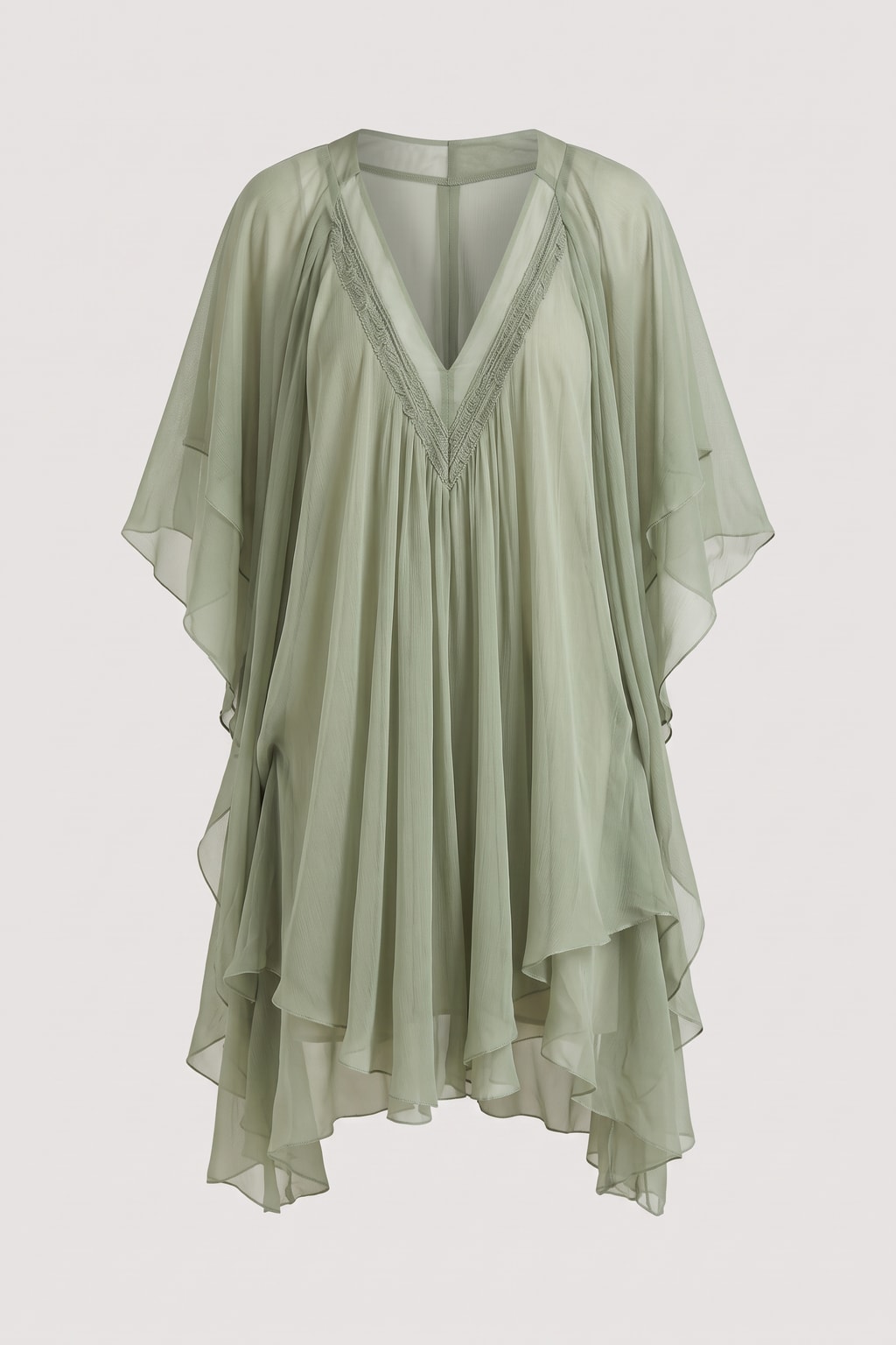 Chiffon Mini Dress With Flowing V-Neck Hem - 1