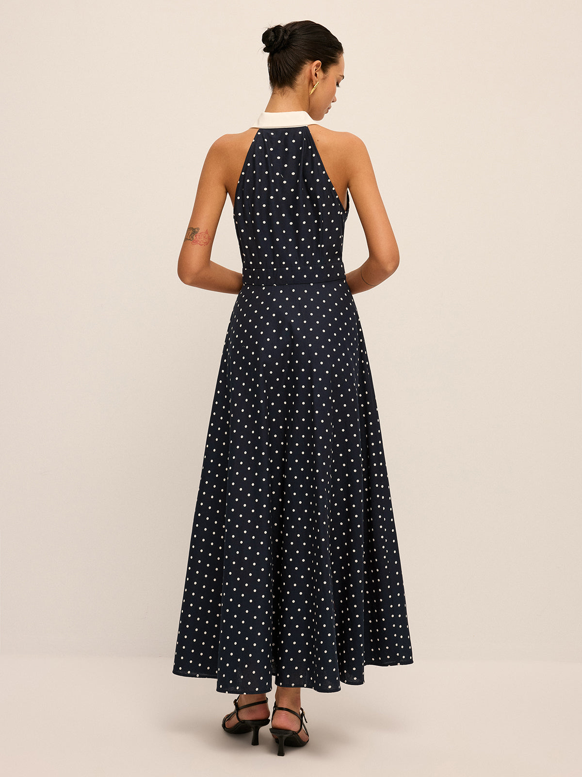 Navy Polka Dot Cotton Linen Maxi Dress - view 4