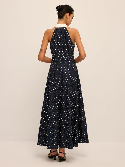 Navy Polka Dot Cotton Linen Maxi Dress - view 4