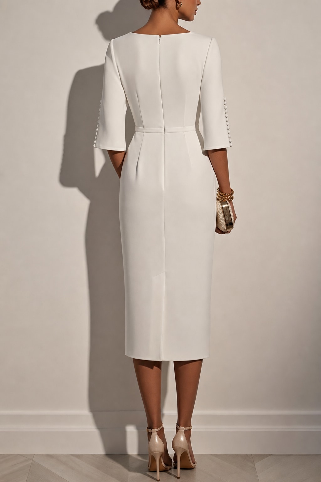 Pearl-Embellished Sheath Midi Dress With Crew Neck - 3