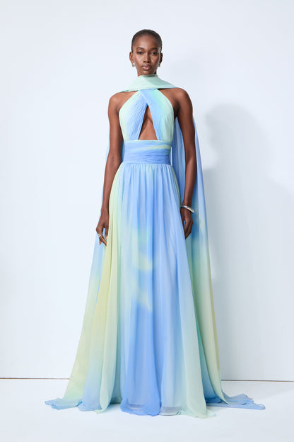 Ombre Chiffon Maxi Dress With Cape Scarf - view 2