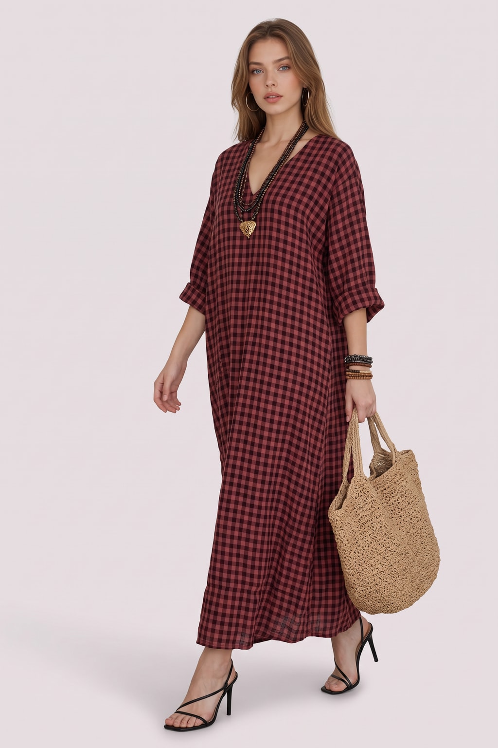 Polyester Maxi Dress Casual V-Neck Plaid Vintage Style - 2