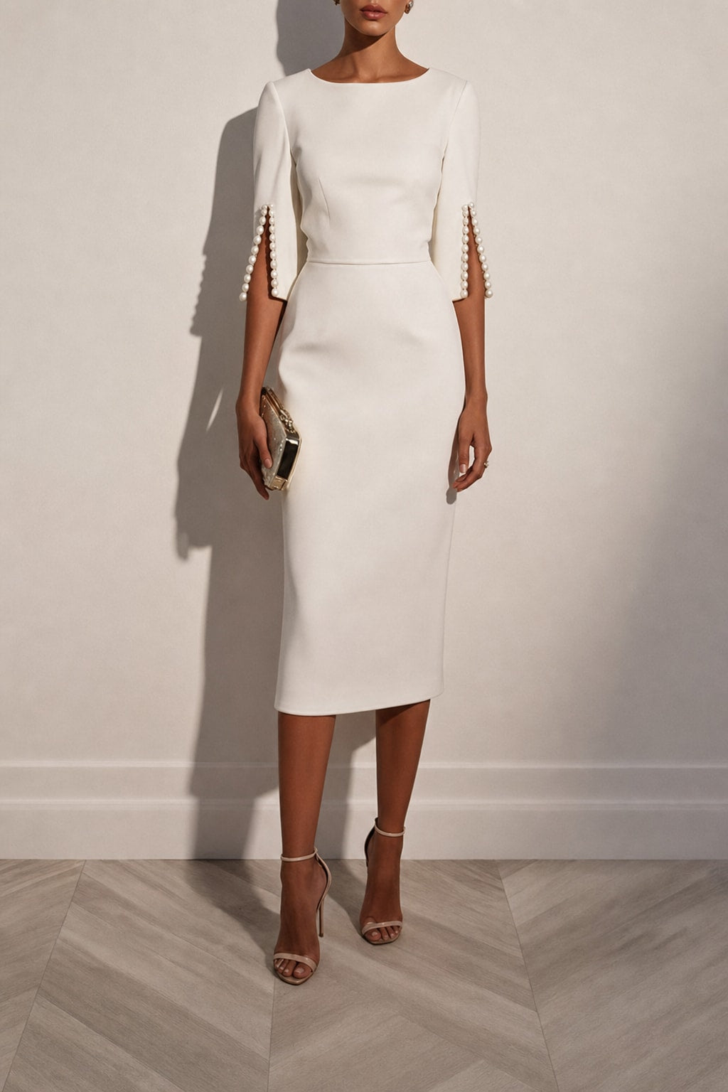 Pearl-Embellished Sheath Midi Dress With Crew Neck - 4