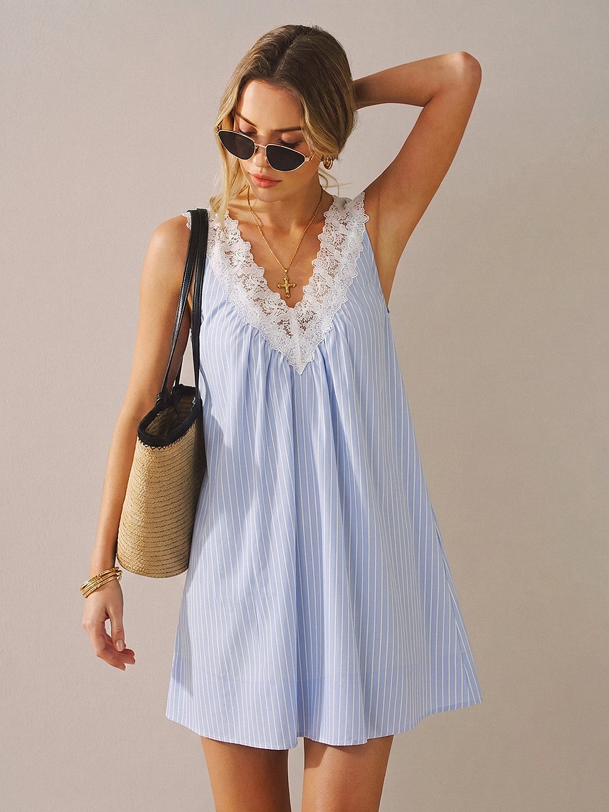 Light blue Tencel blend lace-trim V-neck mini dress - view 2