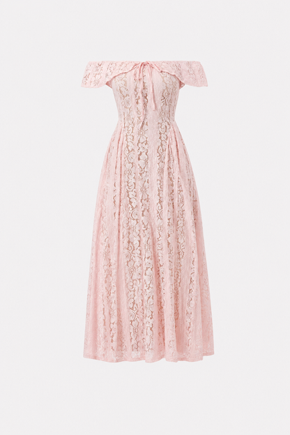 Off-Shoulder Floral Lace Midi Dress in Pink