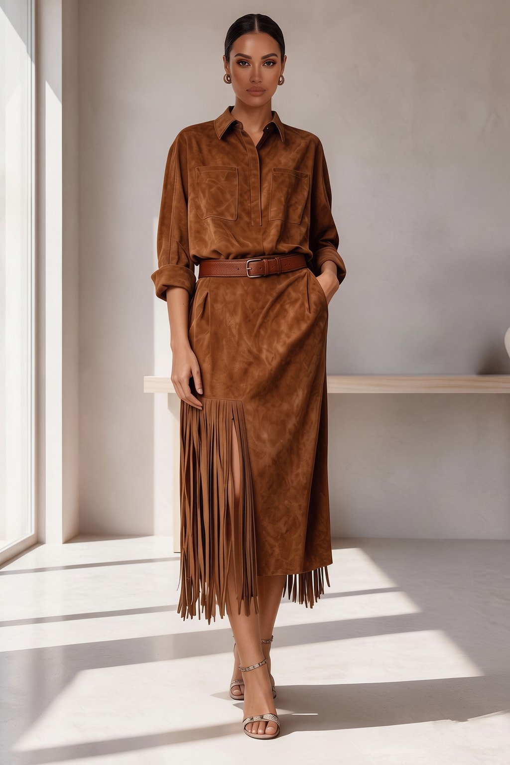 Faux Suede Midi Shirt Dress With Fringed Hem - 5
