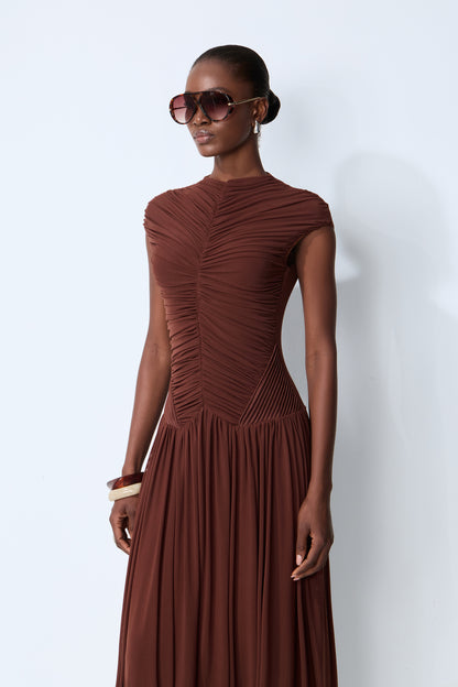 Brown Ruched Knit Maxi Dress, High Neck - view 3