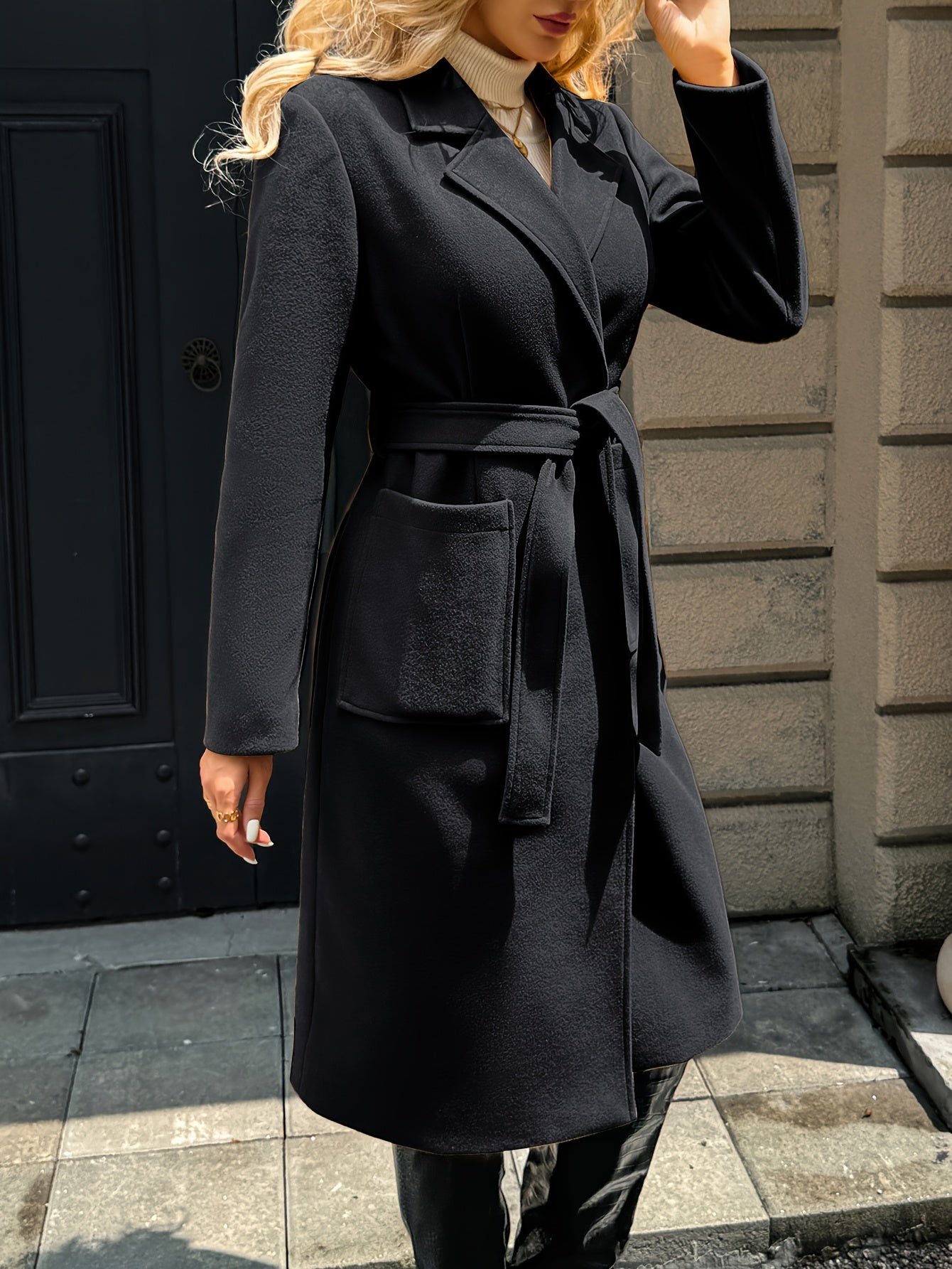 Tailored belted long coat with waist tie - view 17