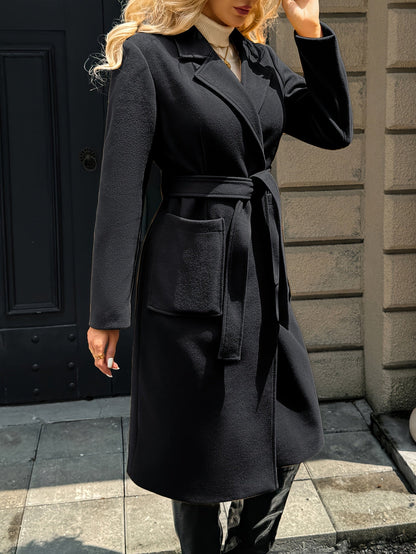 Tailored belted long coat with waist tie - view 17