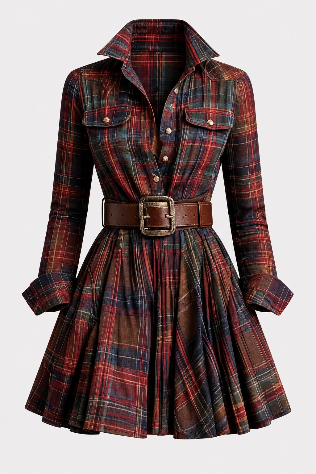 A-Line Dress Plaid Print Lapel Belted Waist - 1