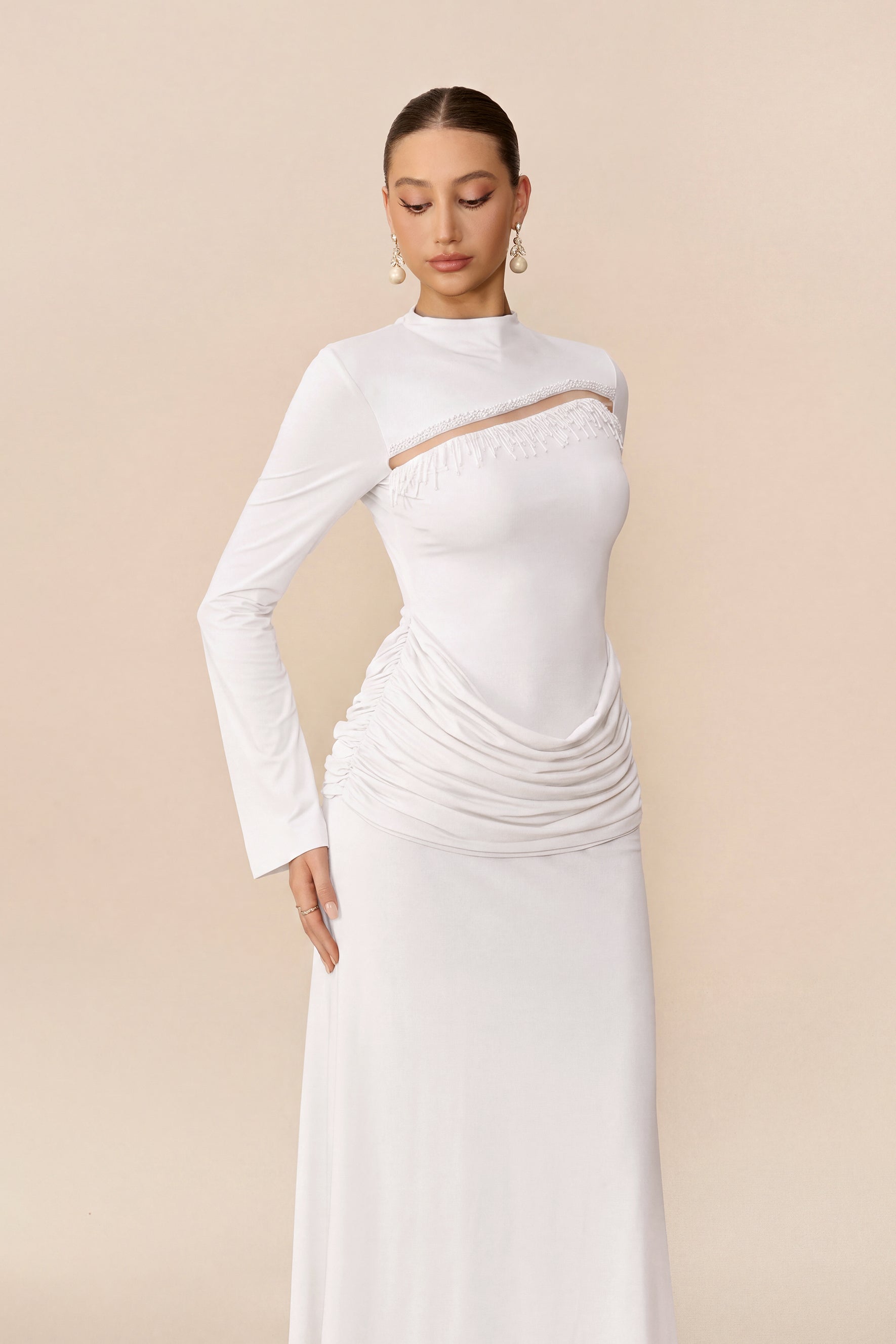 Beaded Fringe Maxi Dress in White - view 3