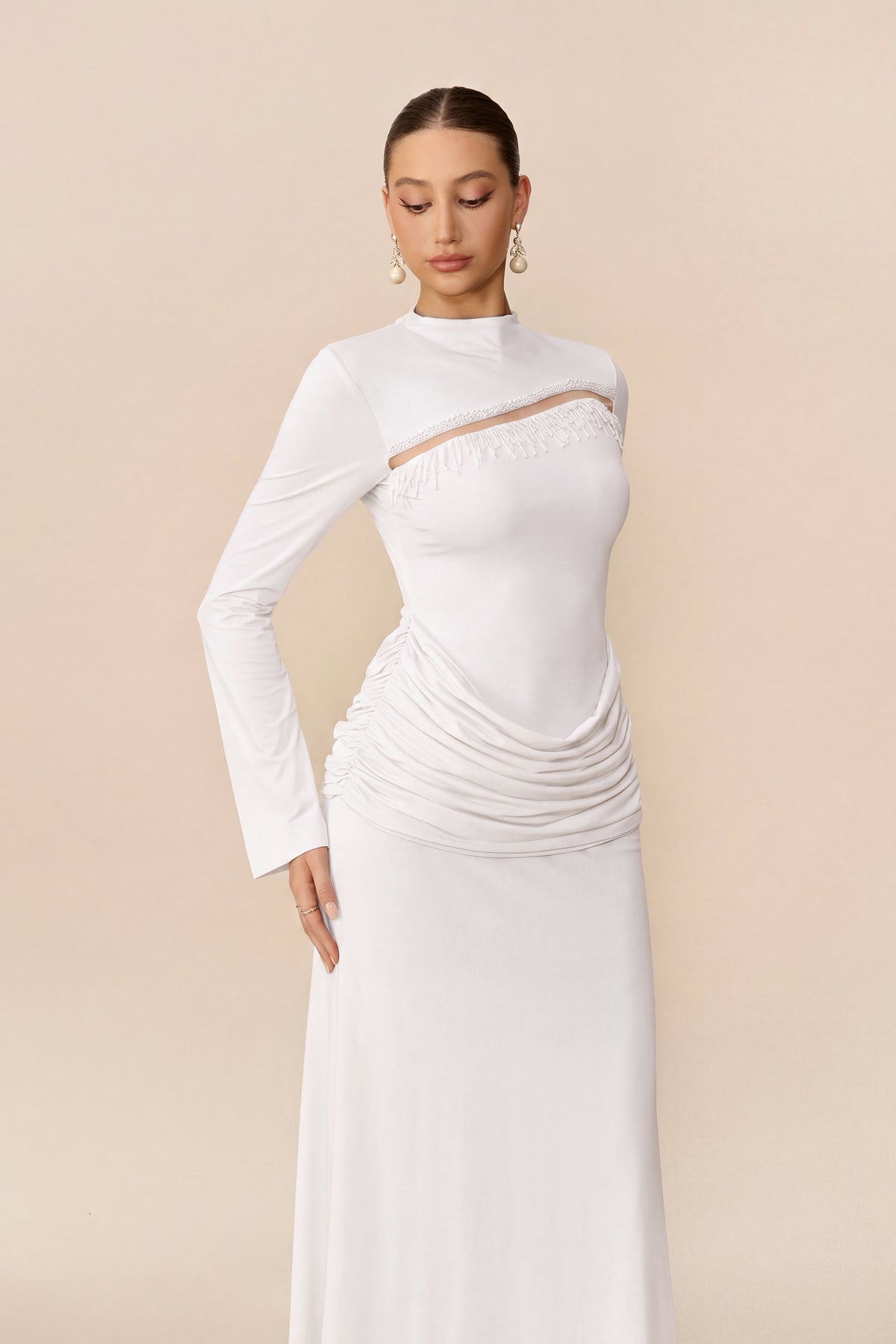 Beaded Fringe Maxi Dress Flattering High-Stretch Fit - 3