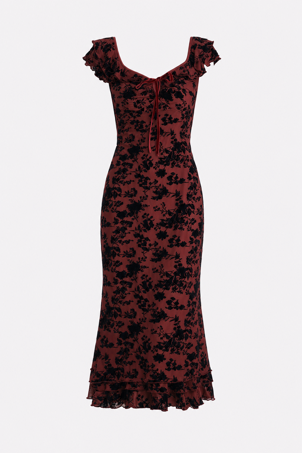 Wine Red Floral Ruffle Mermaid Midi Dress