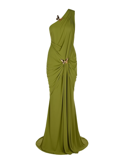 One-Shoulder Backless Mesh Maxi Dress