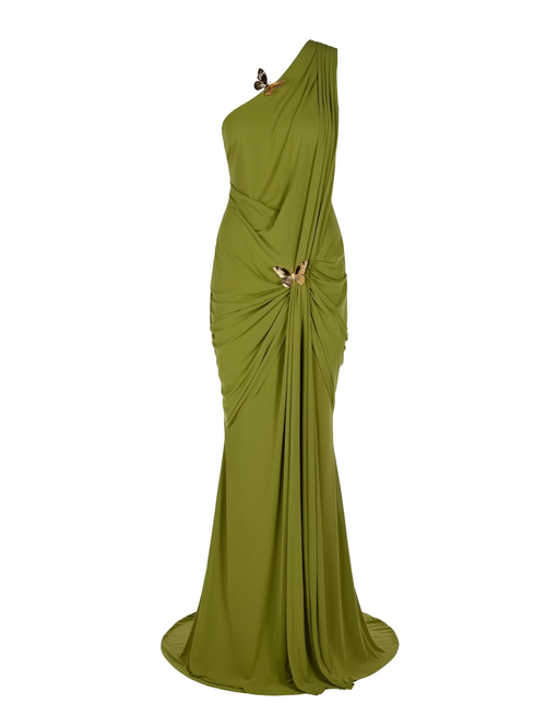 One-Shoulder Backless Mesh Maxi Dress